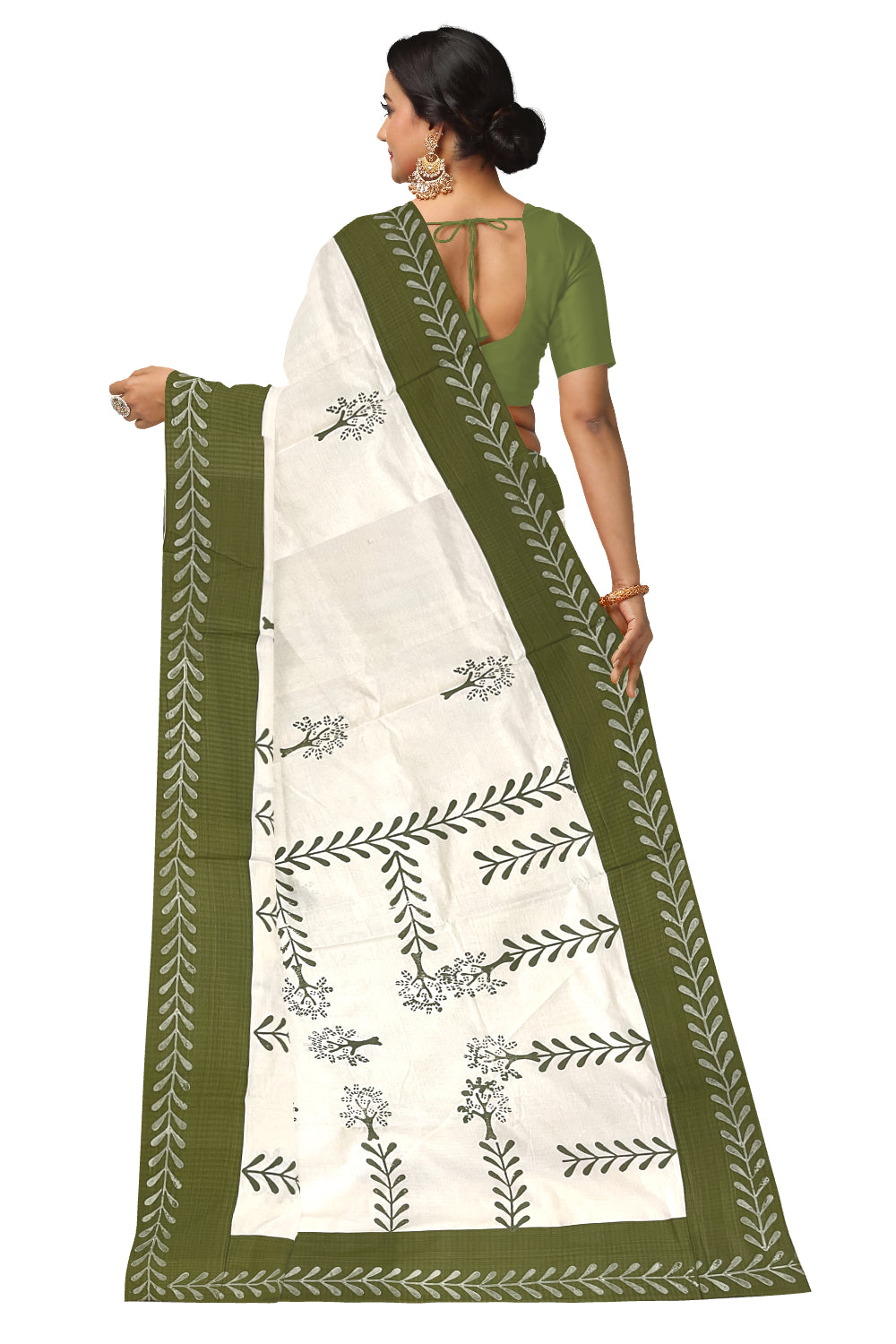 Pure Cotton Onam 2023 Kerala Saree with Hand Block Green Batik Prints