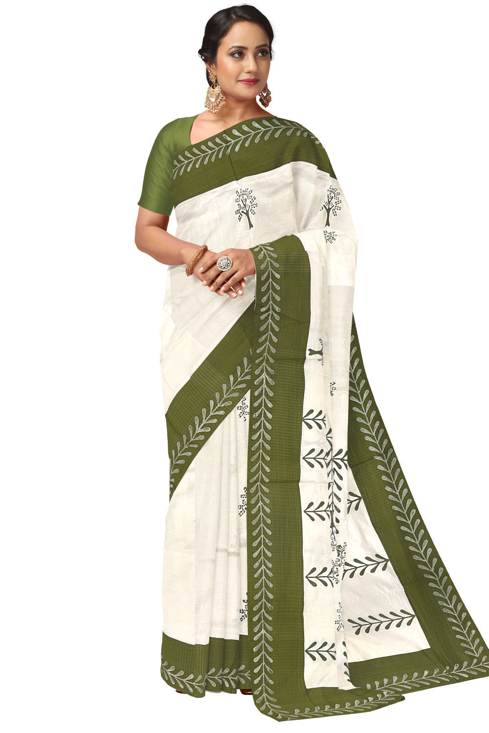 Pure Cotton Onam 2023 Kerala Saree with Hand Block Green Batik Prints