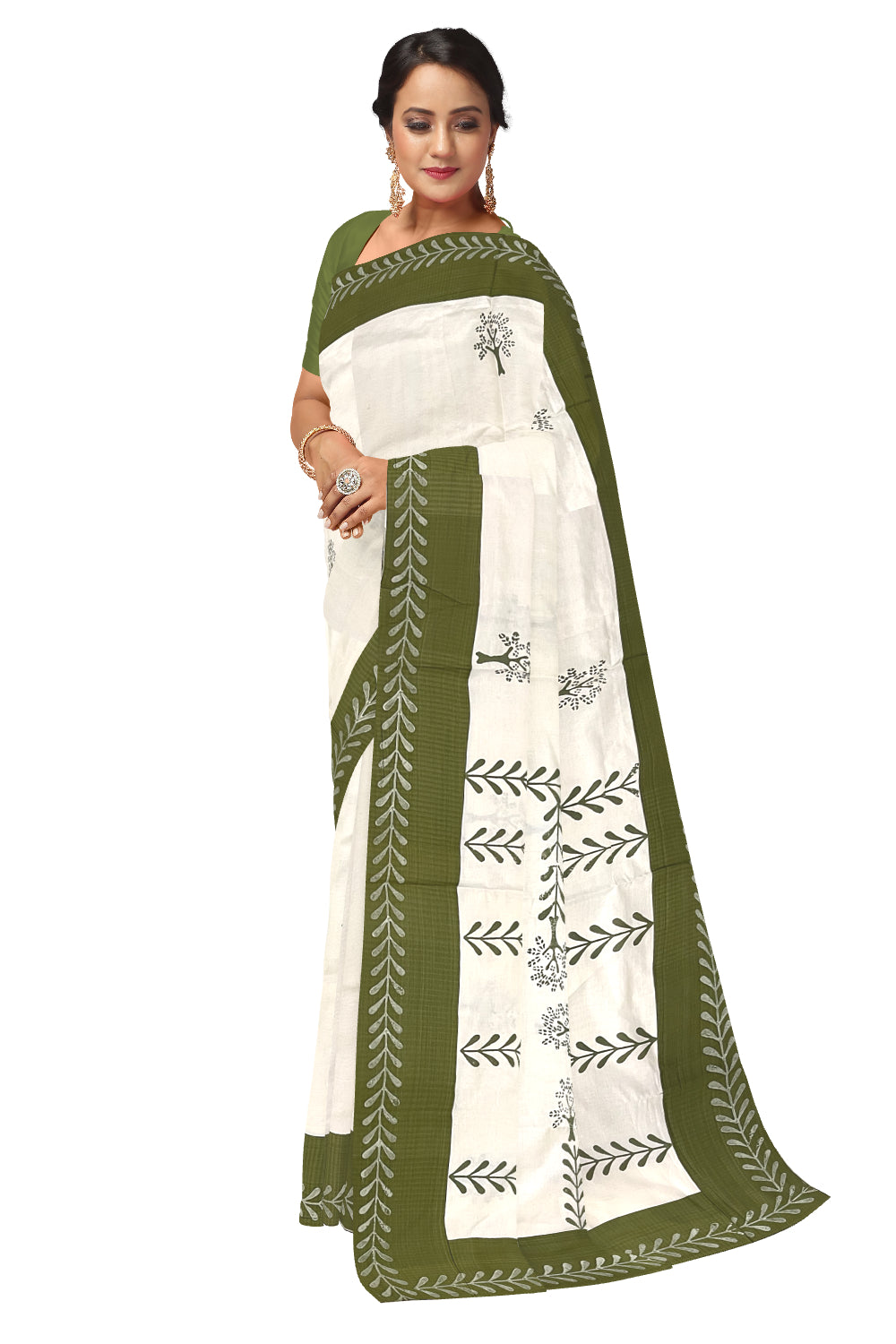 Pure Cotton Onam 2023 Kerala Saree with Hand Block Green Batik Prints