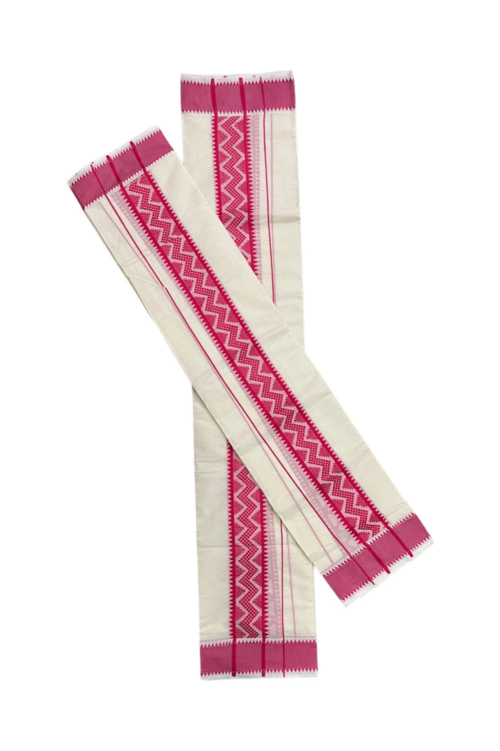 Kerala Cotton Single Set Mundu (Mundum Neriyathum) with Pink Woven Designs on Border - 2.80Mtrs