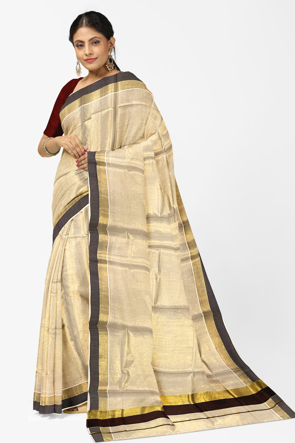 Kerala Tissue Kasavu Plain Saree with Kasavu and Brown Border