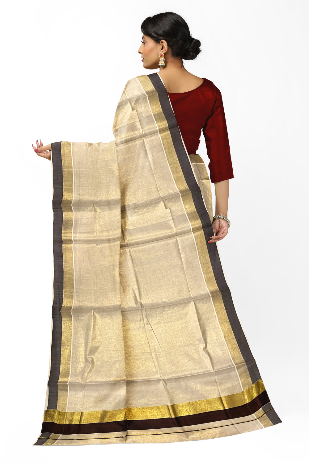 Kerala Tissue Kasavu Plain Saree with Kasavu and Brown Border