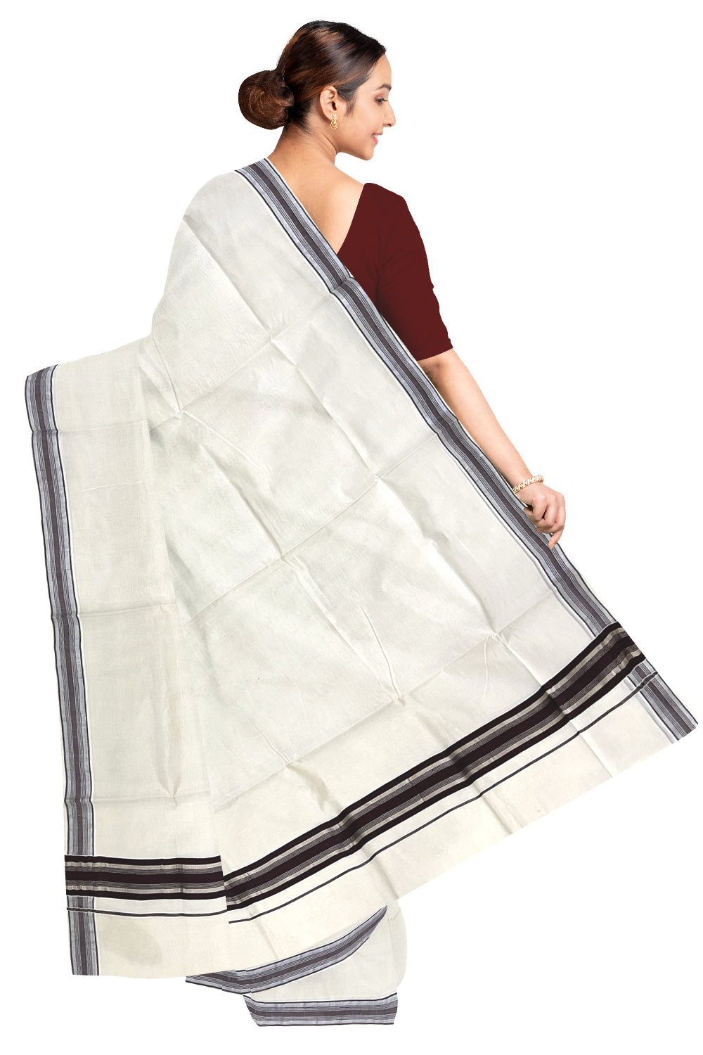 Pure Cotton Kerala Saree with Brown and Silver Kasavu Border (Onam Saree 2023)