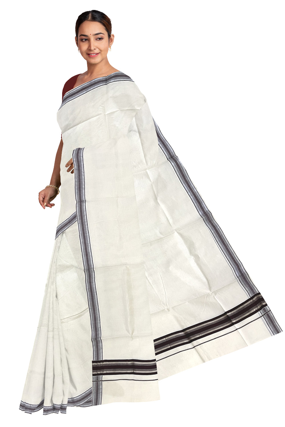 Pure Cotton Kerala Saree With Brown And Silver Kasavu Border Onam Sar 0594