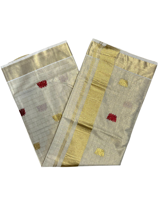 Southloom Kerala Tissue Kasavu Check Saree with Maroon Lotus Embroidery Works