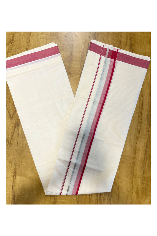 Pure Cotton Mundu with Silver Lines and Maroon Border (South Indian Kerala Dhoti)