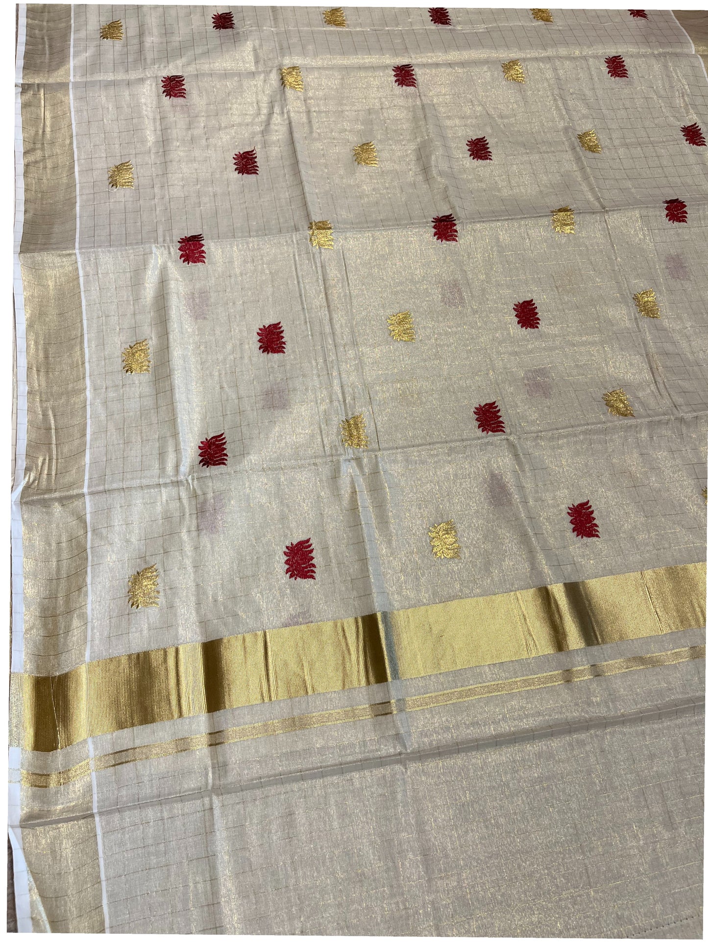 Southloom Kerala Tissue Kasavu Check Saree with Maroon Lotus Embroidery Works