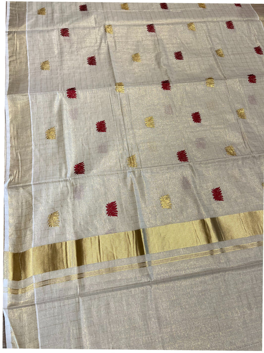 Southloom Kerala Tissue Kasavu Check Saree with Maroon Lotus Embroidery Works