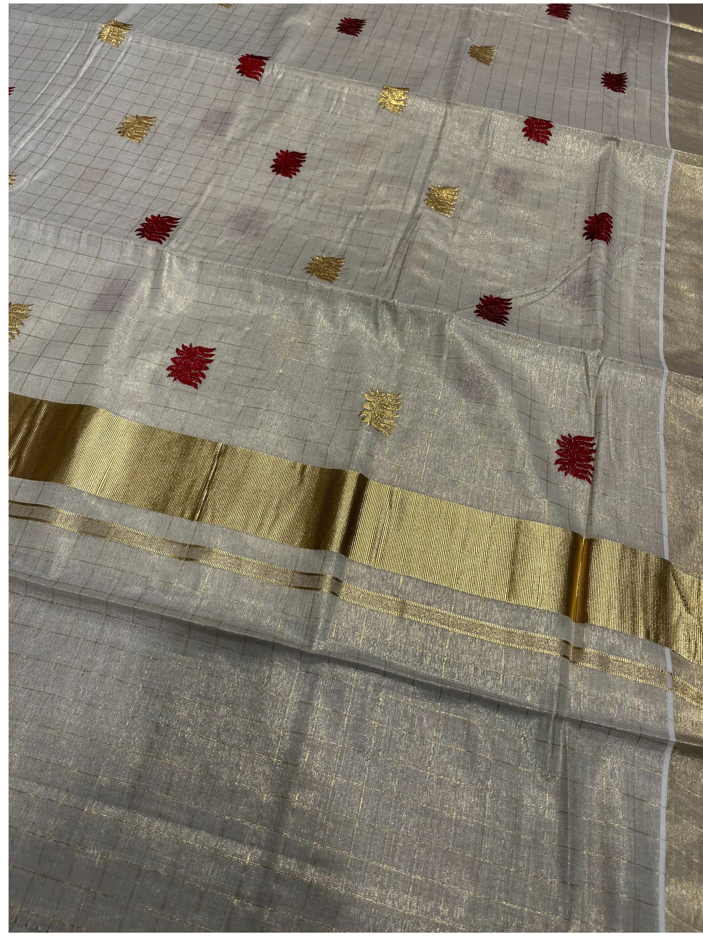 Southloom Kerala Tissue Kasavu Check Saree with Maroon Lotus Embroidery Works