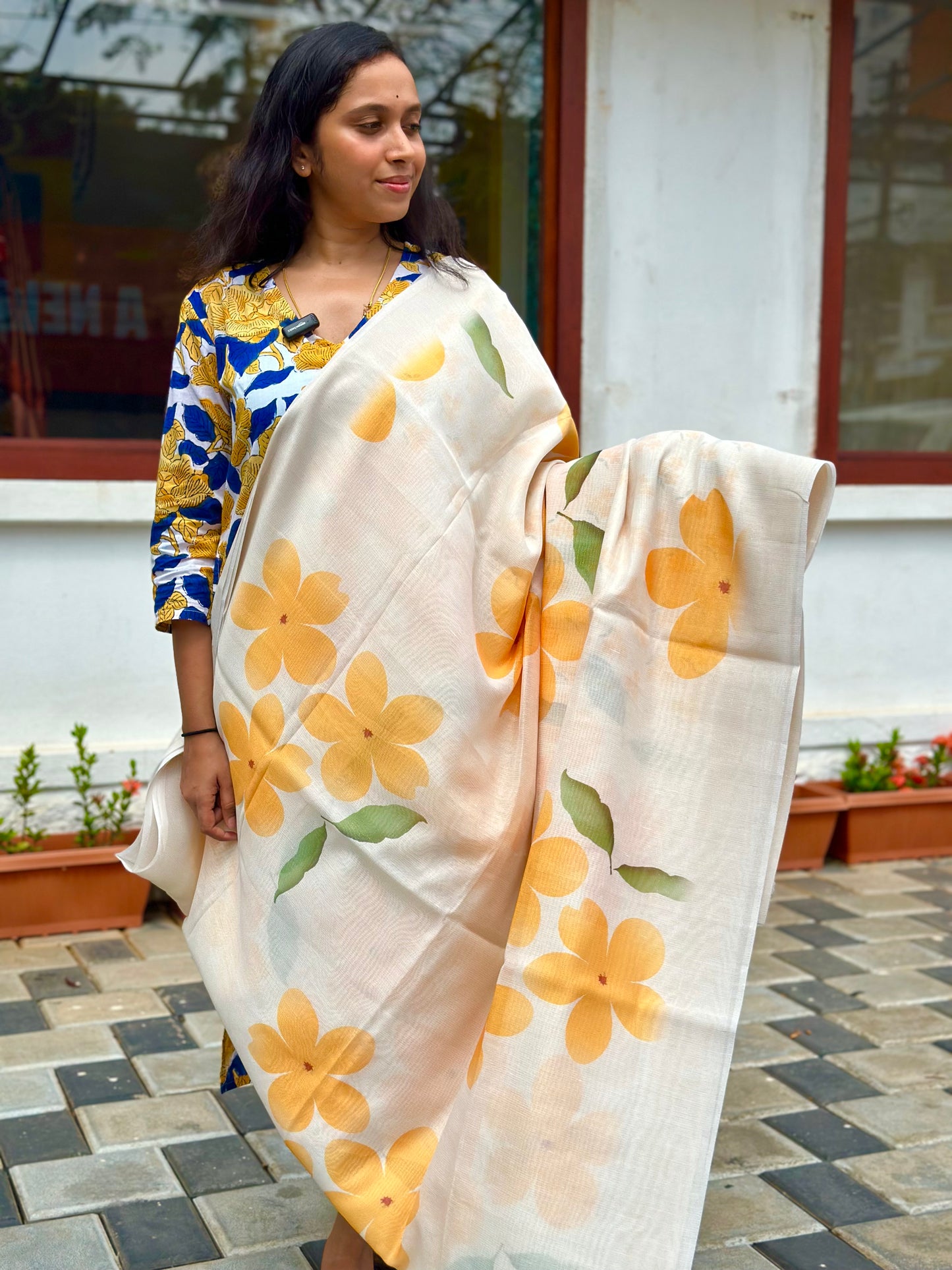 Southloom Semi Silk Yellow and Green Kanikonna Digital Print Saree (with Yellow and Green Printed Blouse)