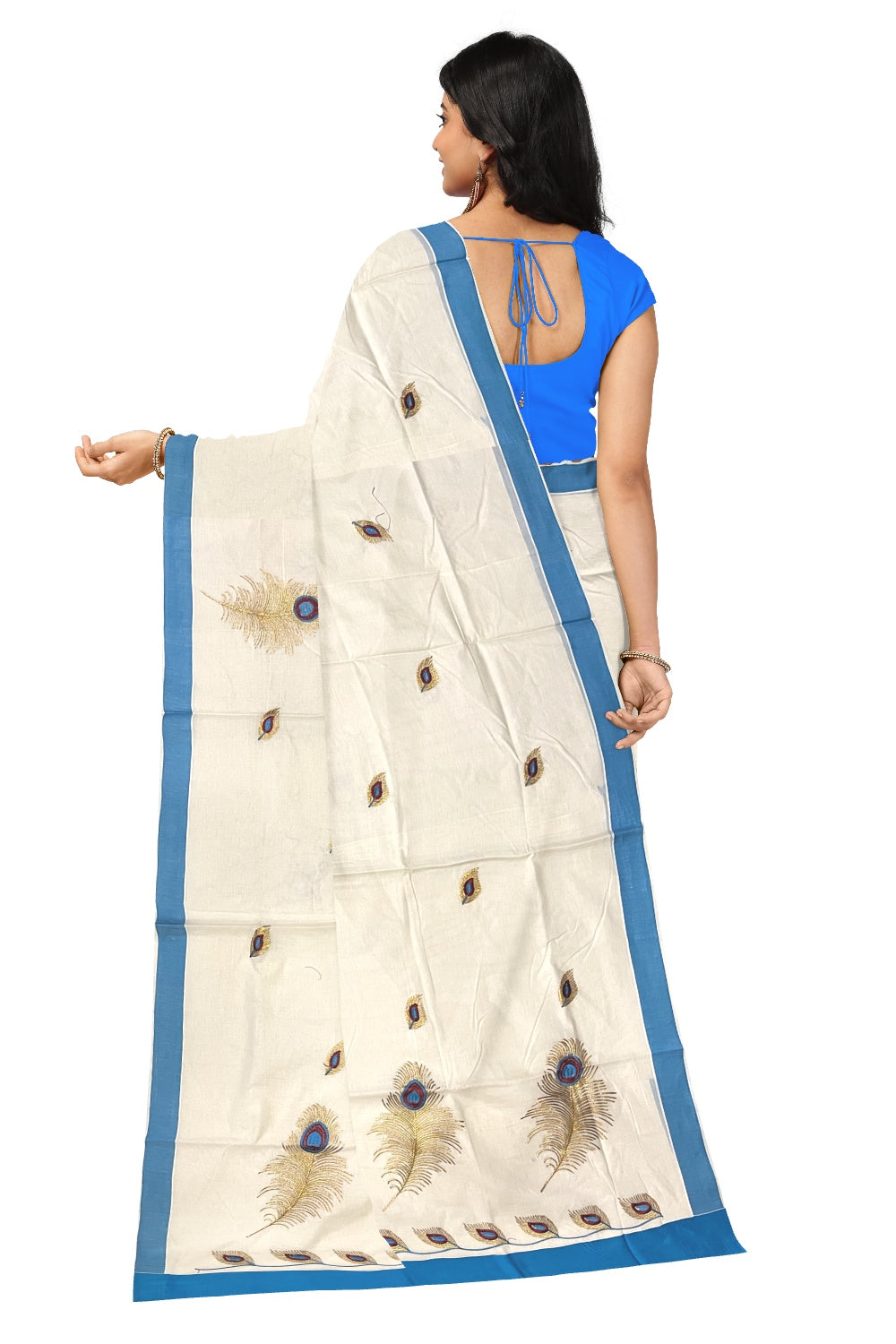 Pure Cotton Kerala Saree with Feather Embroidery Work and Blue Border (Onam Saree 2023)