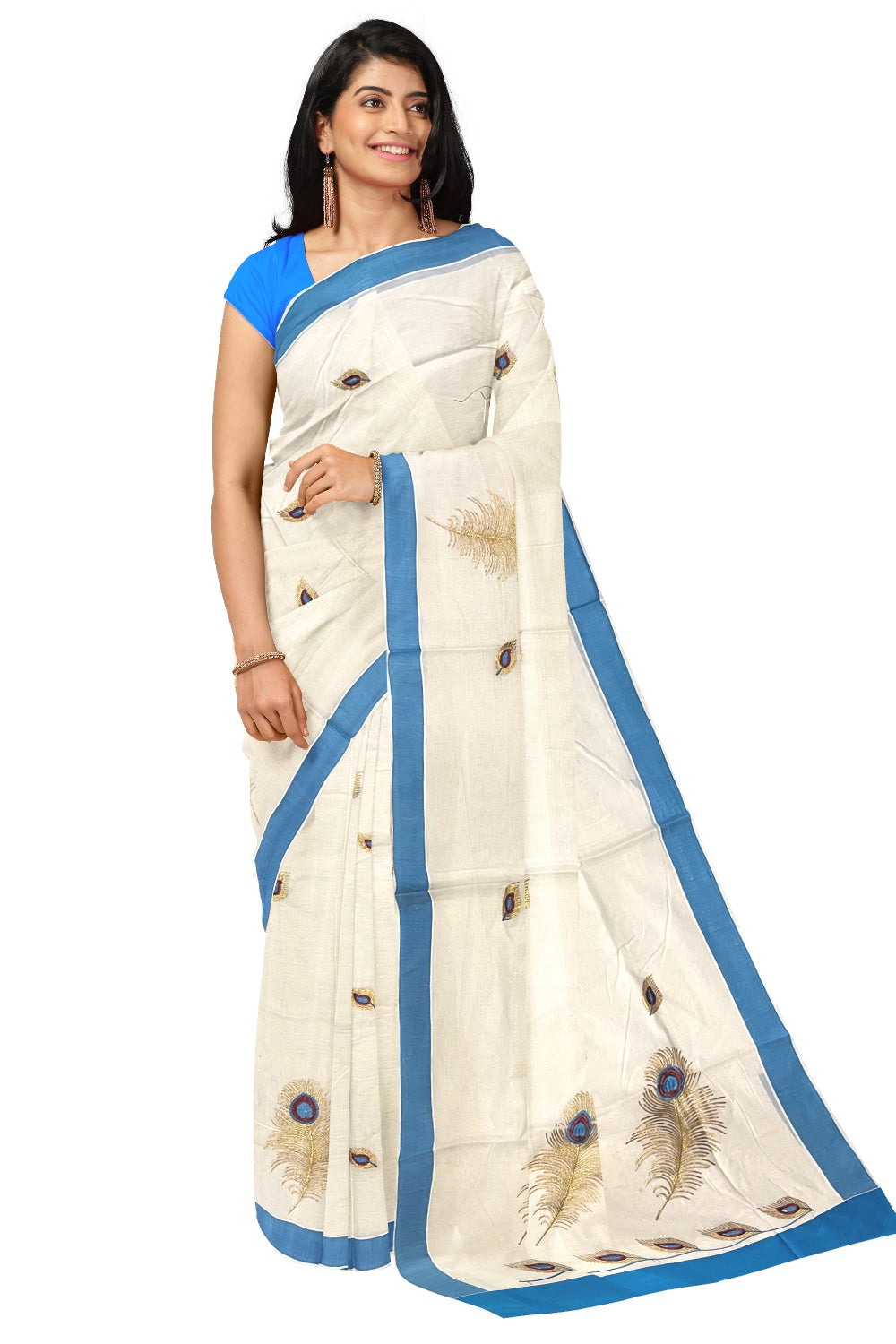 Pure Cotton Kerala Saree with Feather Embroidery Work and Blue Border (Onam Saree 2023)