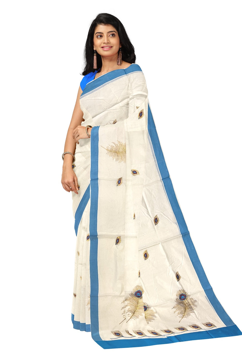 Pure Cotton Kerala Saree with Feather Embroidery Work and Blue Border (Onam Saree 2023)