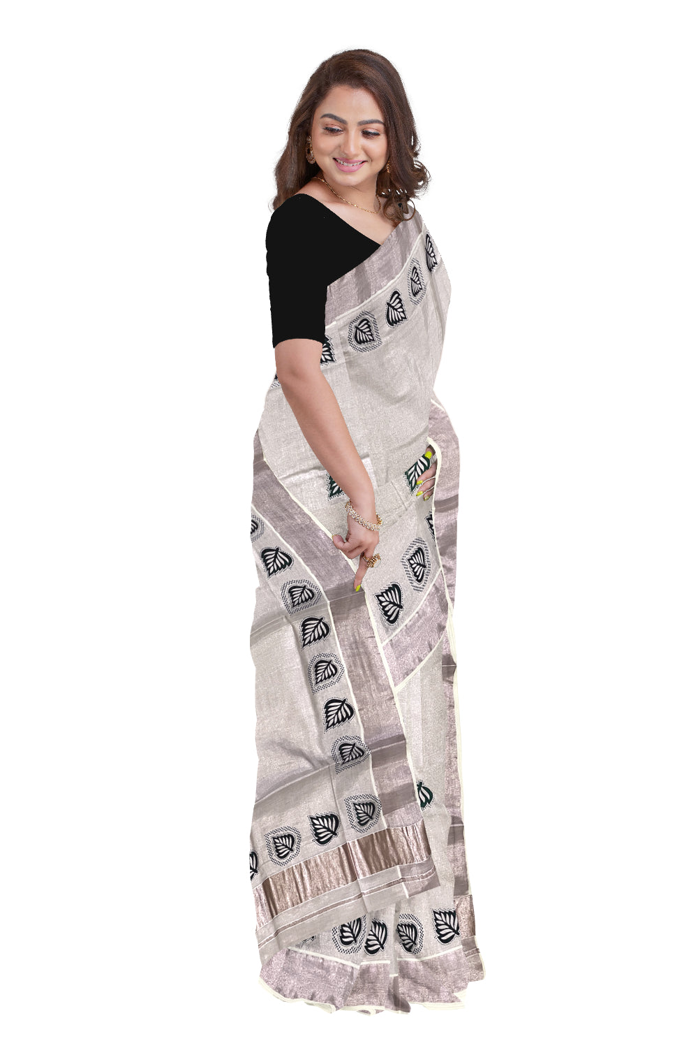 Kerala Rose Copper Tissue Kasavu Saree with Green Leaf Block Printed Design