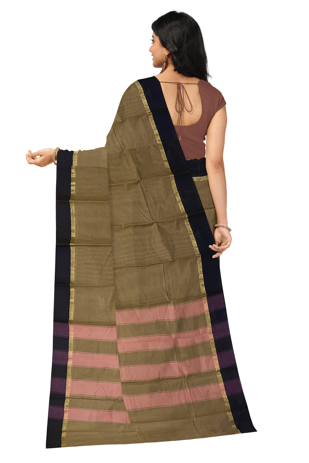 Southloom Cotton Brown Plain Saree with Dark Brown Border