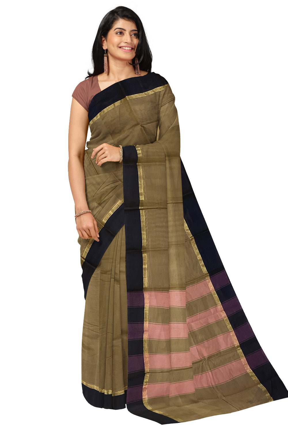 Southloom Cotton Brown Plain Saree with Dark Brown Border