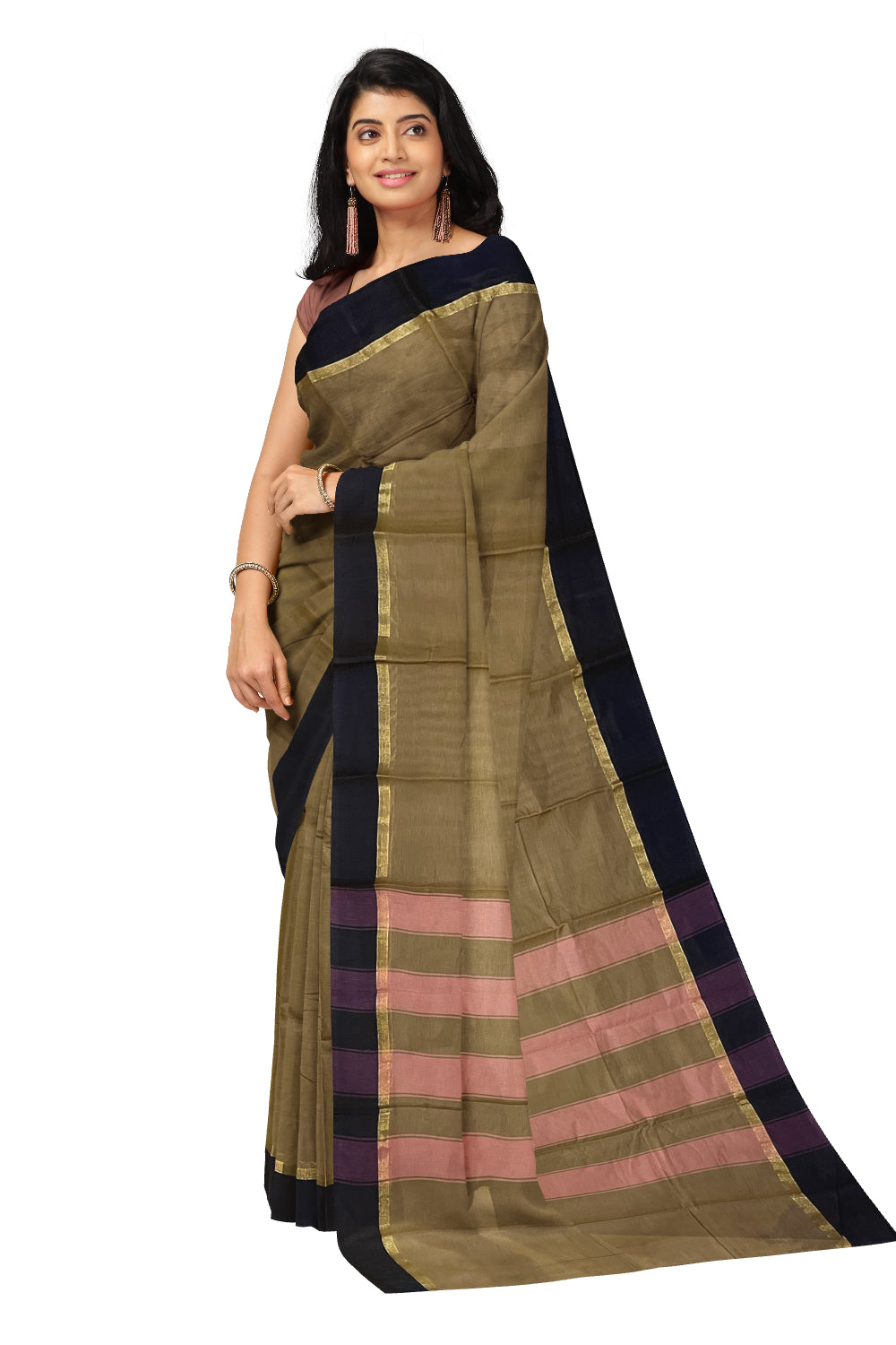 Southloom Cotton Brown Plain Saree with Dark Brown Border