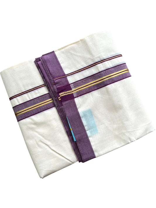 Southloom Pure Cotton Mundu with Golden Lines and Purple Border (South Indian Kerala Dhoti)