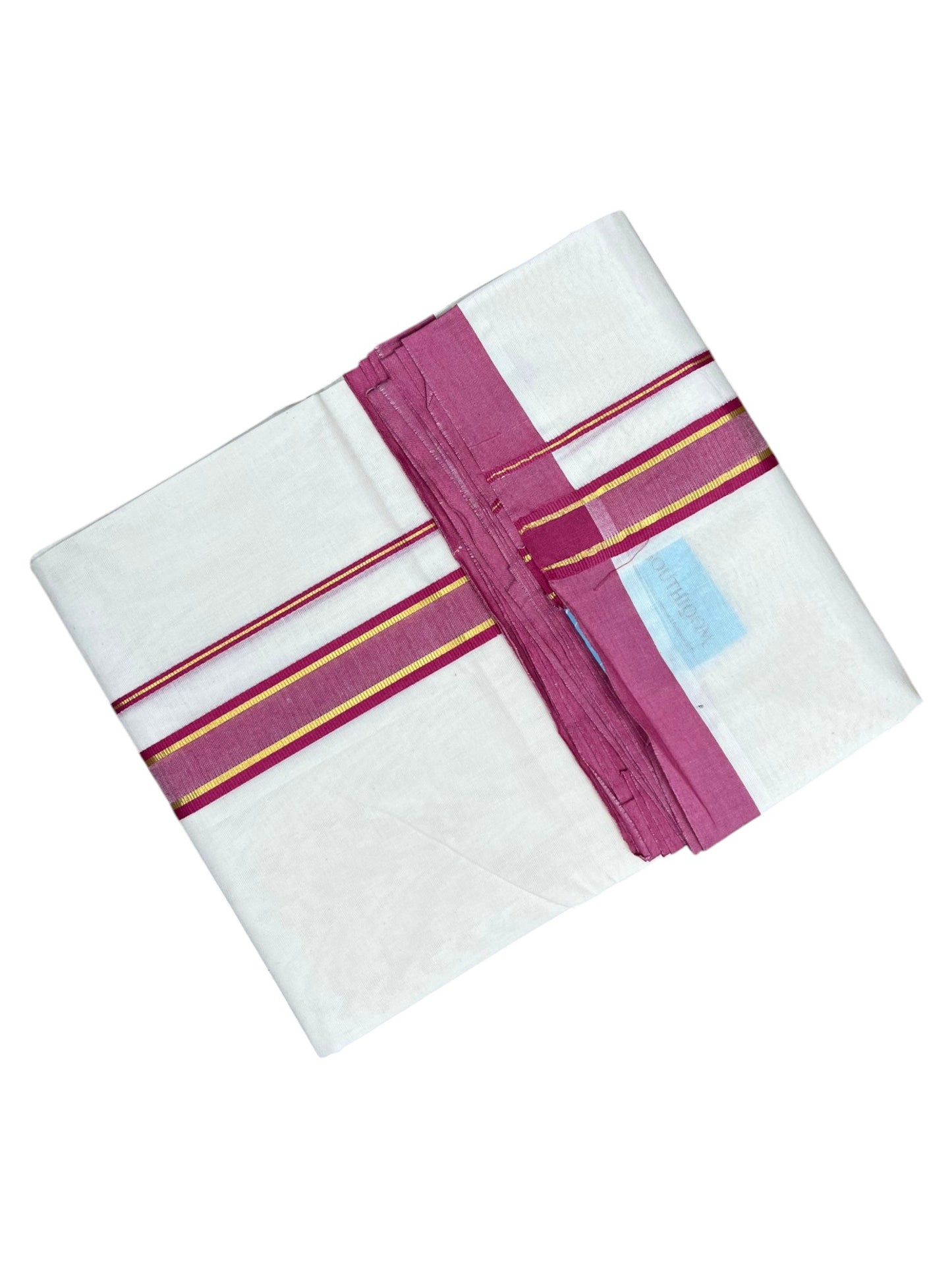 Southloom Pure Cotton Mundu with Gold Lines and Pink Border (South Indian Kerala Dhoti)