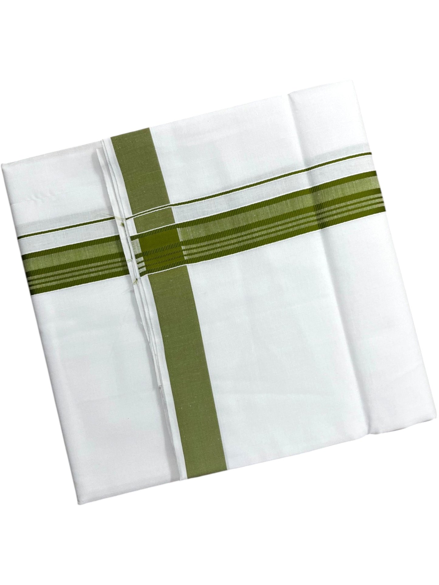 Southloom Pure White Cotton Mundu with Olive Green Lines Border (South Indian Kerala Dhoti)