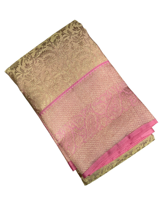 Southloom Premium Handloom Bridal Kanchipuram Silk Saree with Korvai Work (Beige & Pink)