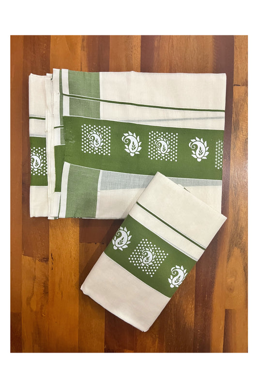 Kerala Cotton Single Set Mundu (Mundum Neriyathum) with Block Prints in Olive Green Border