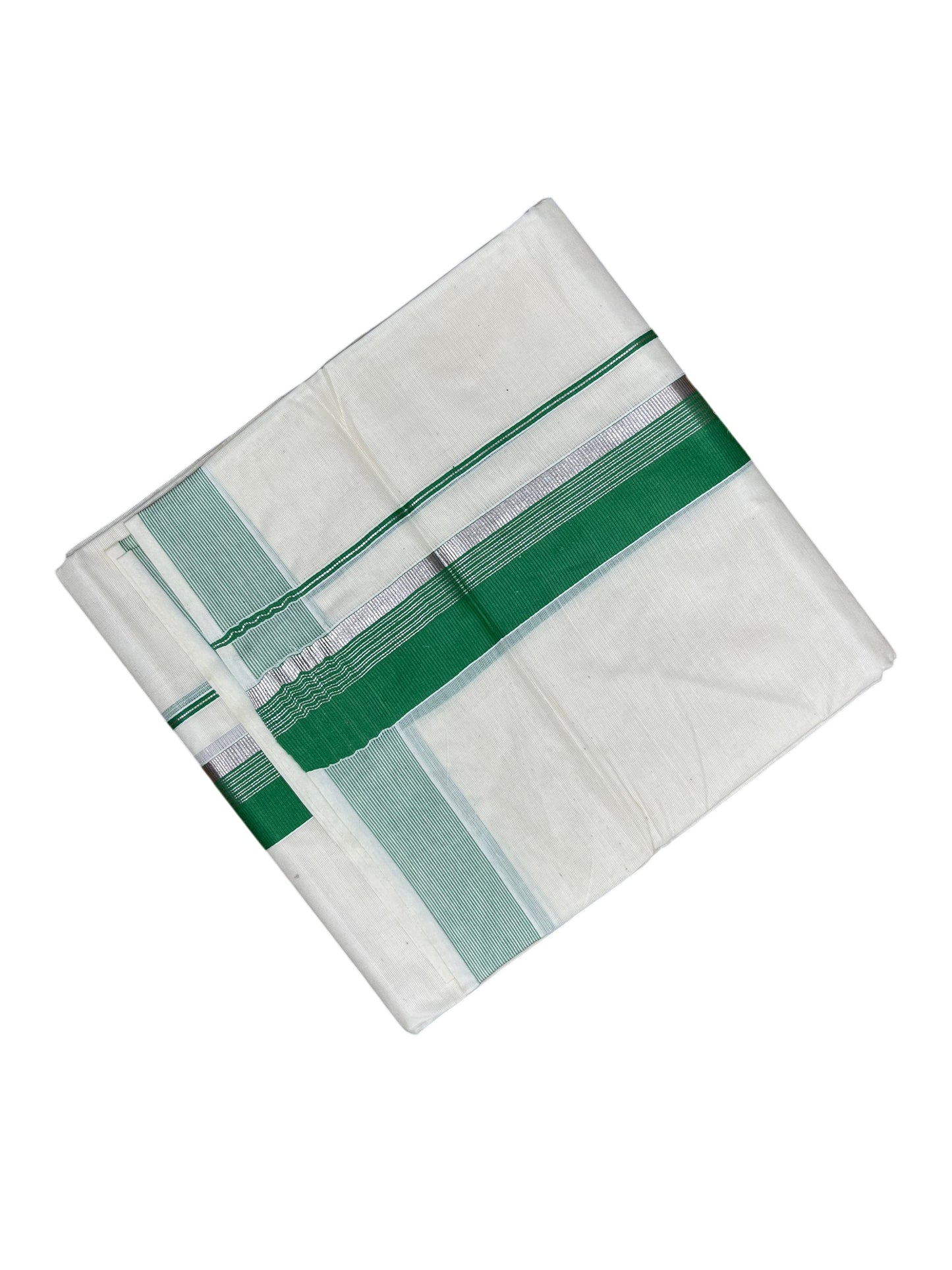 Southloom Pure Cotton Mundu with Silver Lines and Green Border (South Indian Kerala Dhoti)