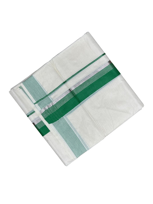 Southloom Pure Cotton Mundu with Silver Lines and Green Border (South Indian Kerala Dhoti)