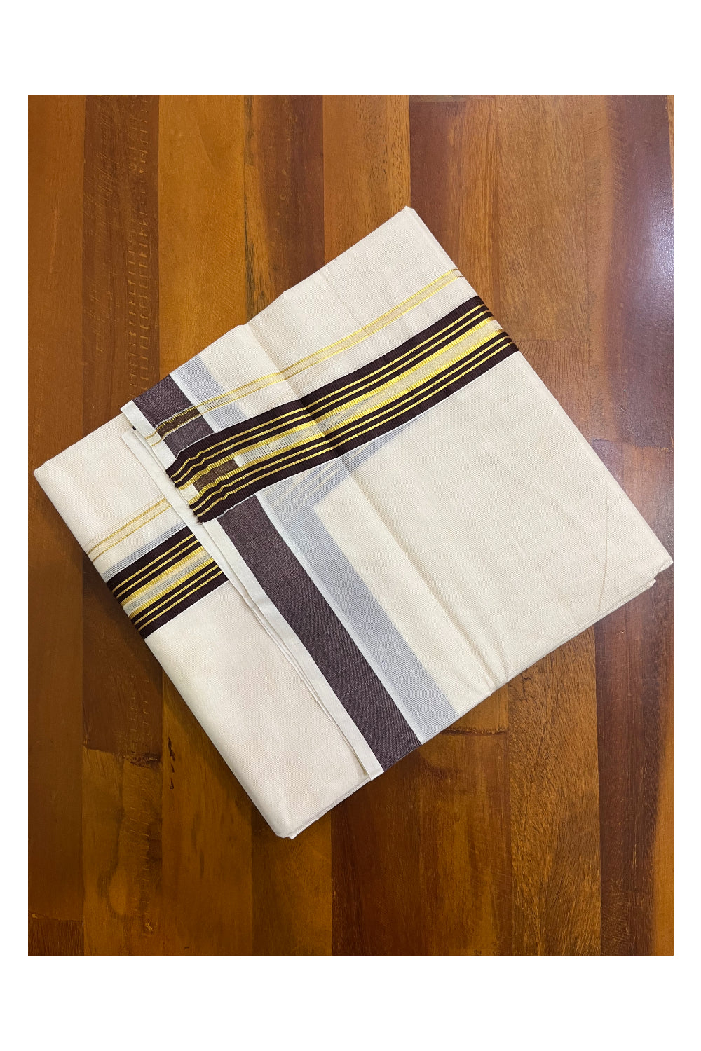 Kerala Pure Cotton Double Mundu with Brown and Kasavu Lines Border (South Indian Kerala Dhoti)