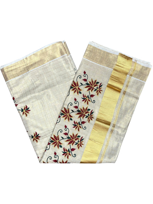 Southloom Kerala Tissue Kasavu Check Saree with Floral Embroidery Design in Maroon