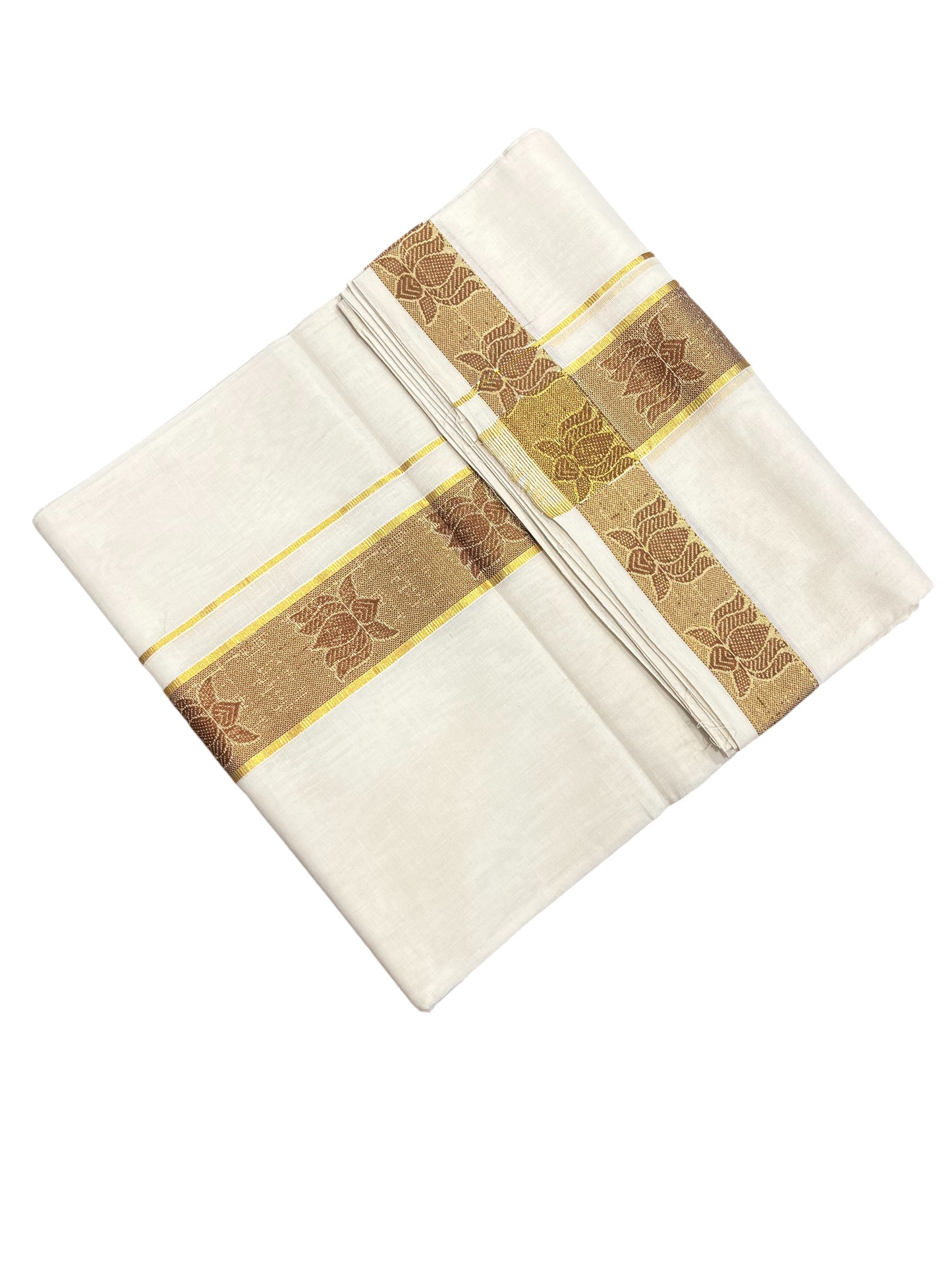 Southloom Premium Balaramapuram Handloom Wedding Mundu with Brown and Kasavu Woven Border (South Indian Kerala Dhoti)