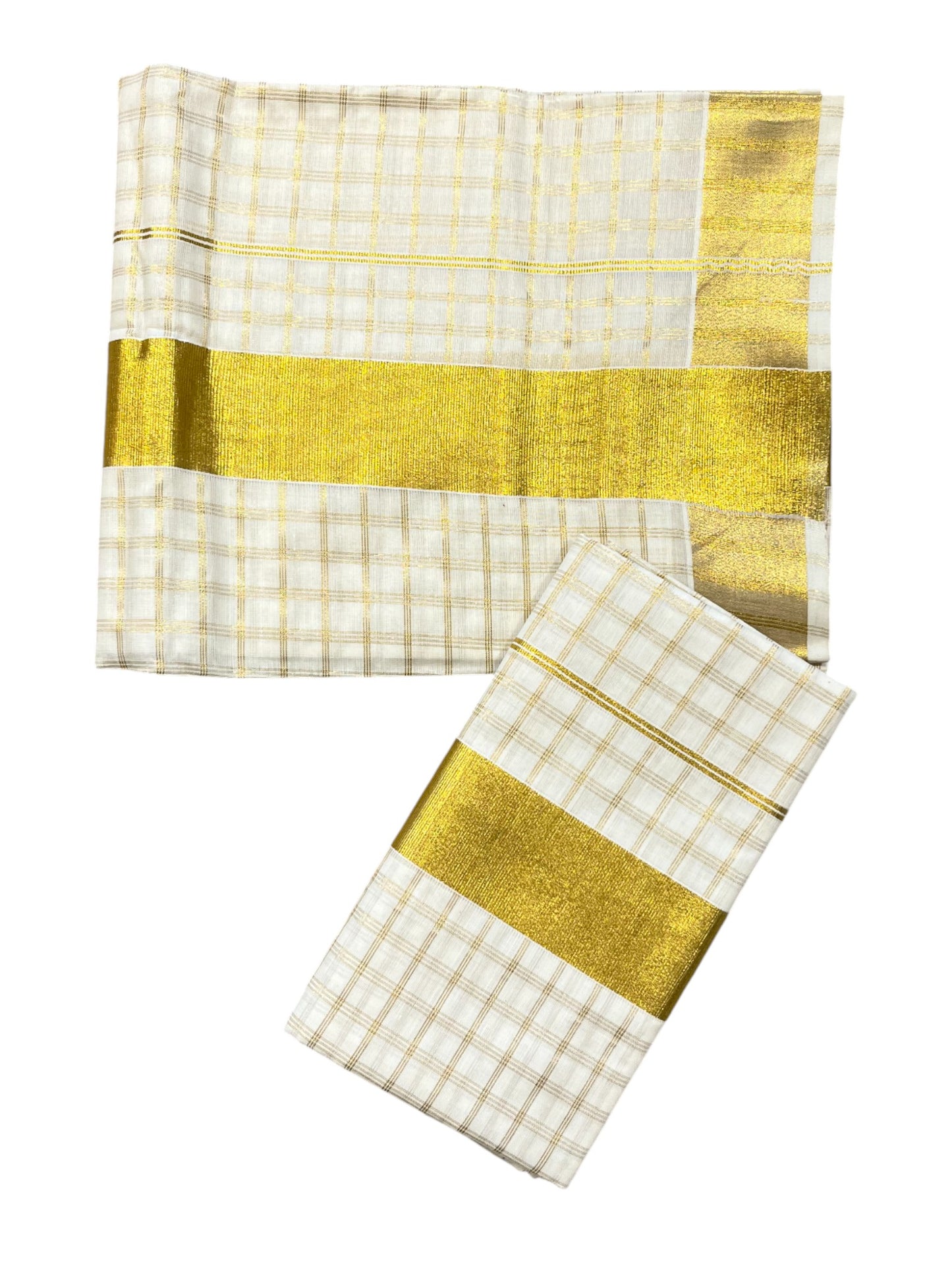 Southloom Pure Cotton Mundum Neriyathum (Set Mundu) with Gold Kasavu Check Acorss Body