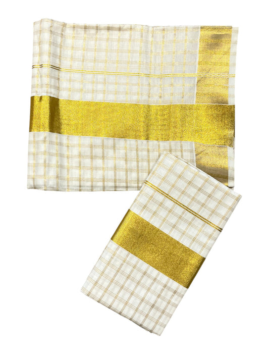 Southloom Pure Cotton Mundum Neriyathum (Set Mundu) with Gold Kasavu Check Acorss Body