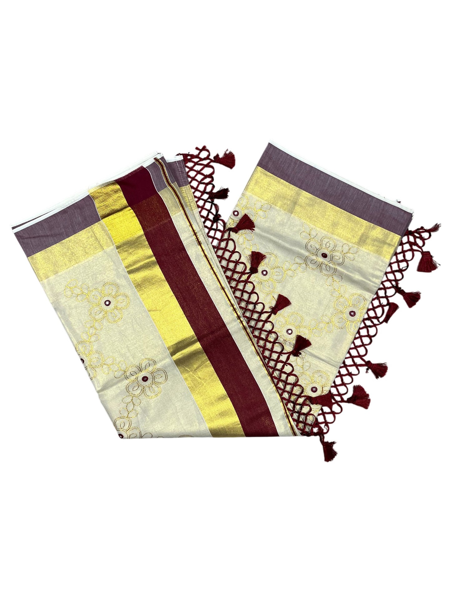Kerala Tissue Kasavu Stripes Saree with Gold and Maroon Floral Embroidery Design on Body SL269