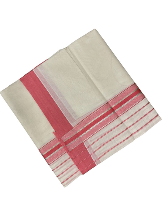 Southloom Kerala Pure Cotton Double Mundu with Pink And Silver Lines Border (South Indian Dhoti)
