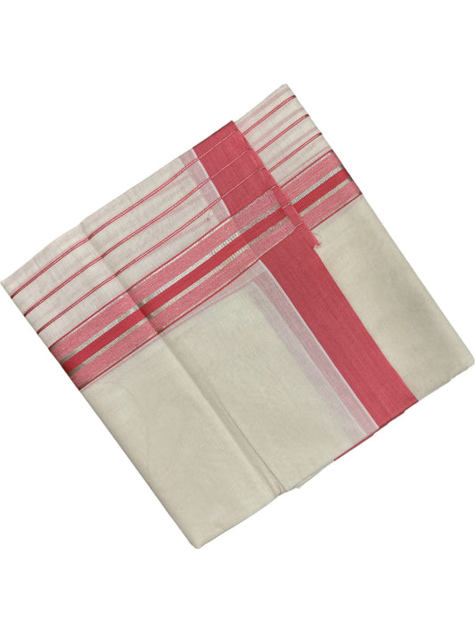 Southloom Kerala Pure Cotton Double Mundu with Pink And Silver Lines Border (South Indian Dhoti)