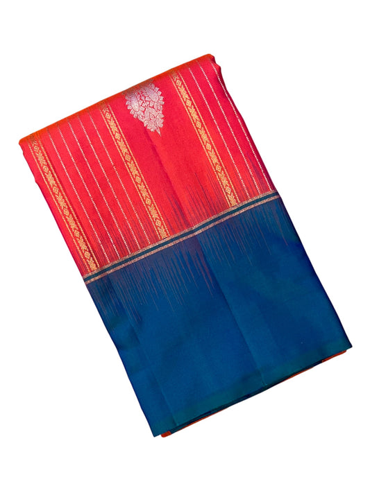 Southloom Pure Handloom Bridal Kanchipuram Silk Saree with Korvai Work (Orange & Blue)