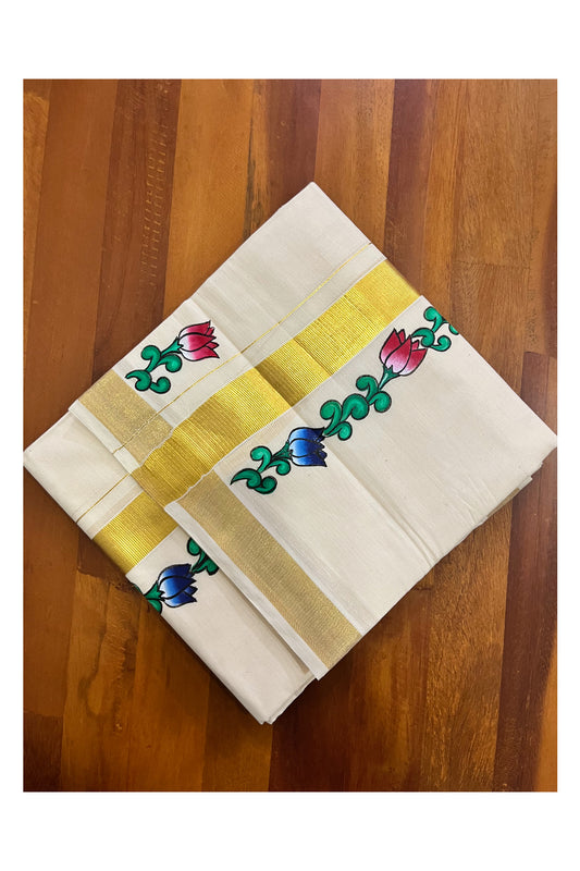 Off White Kerala Cotton Double Mundu with Floral Hand Painted Designs on Kasavu Border (South Indian Kerala Dhoti)