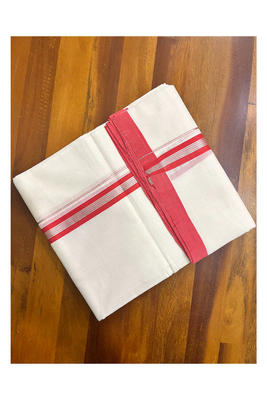 Premium Balaramapuram Handloom Unakkupaavu Cotton Double Mundu with Silver Kasavu and Peach Border