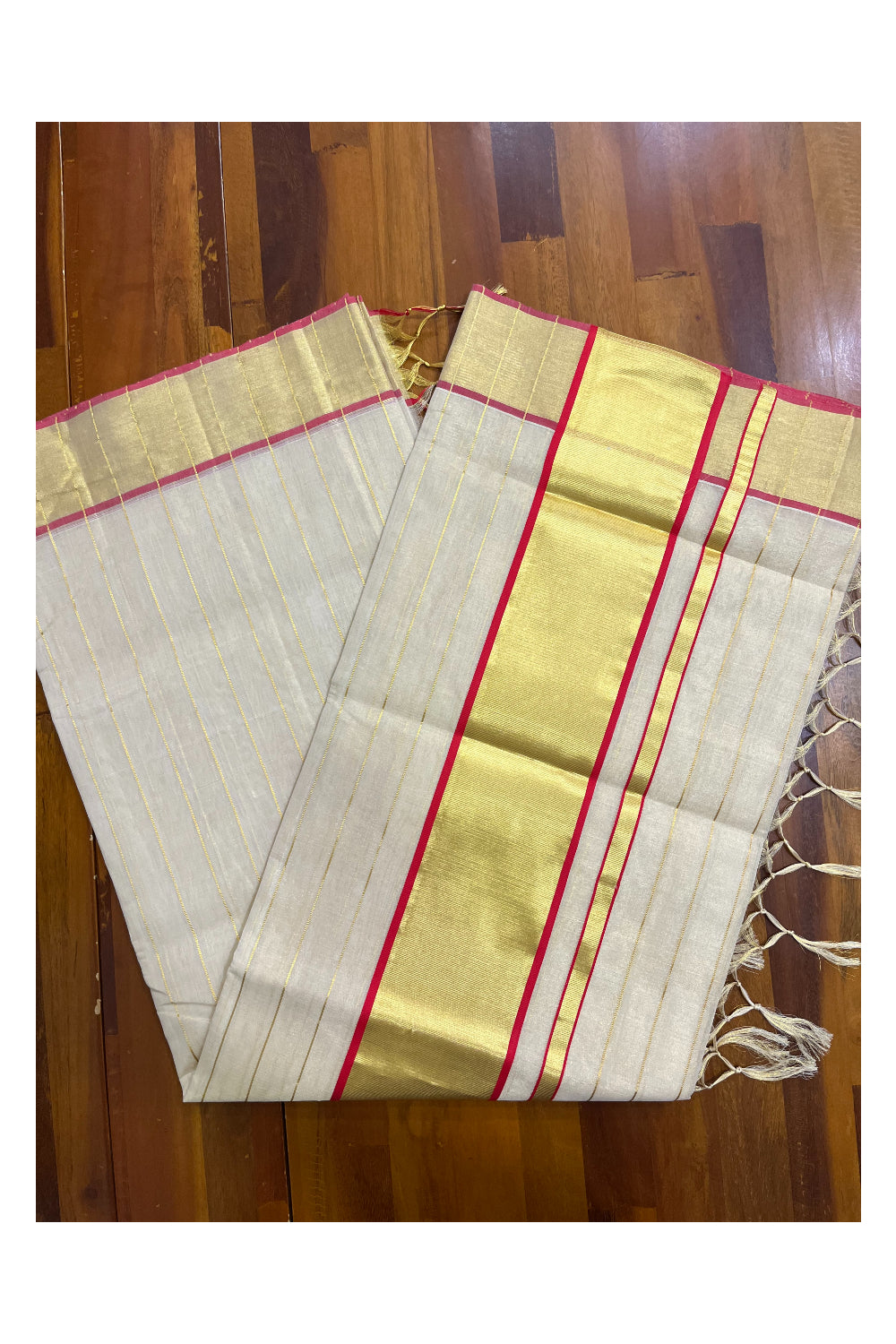 Southloom Premium Balaramapuram Handloom Tissue Kasavu Lines Design Kerala Saree with Pink Border