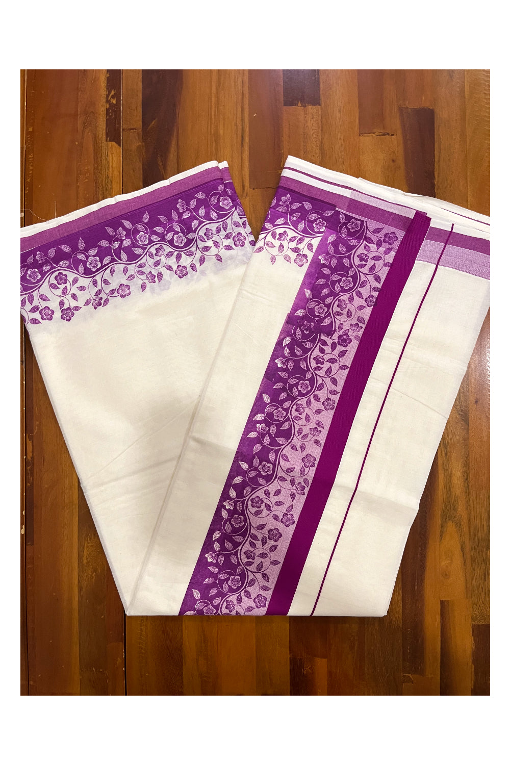 Kerala Cotton Saree with Magenta Floral Block Printed Border