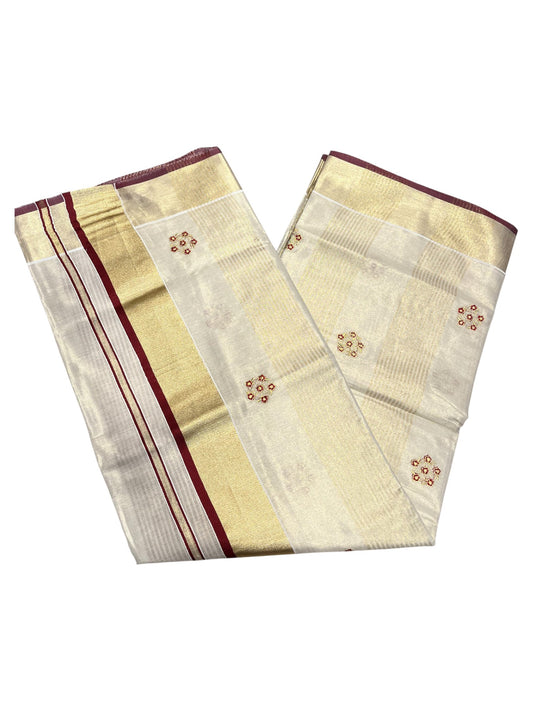 Kerala Tissue Kasavu Lines Saree with Golden And Maroon Embroidery Works
