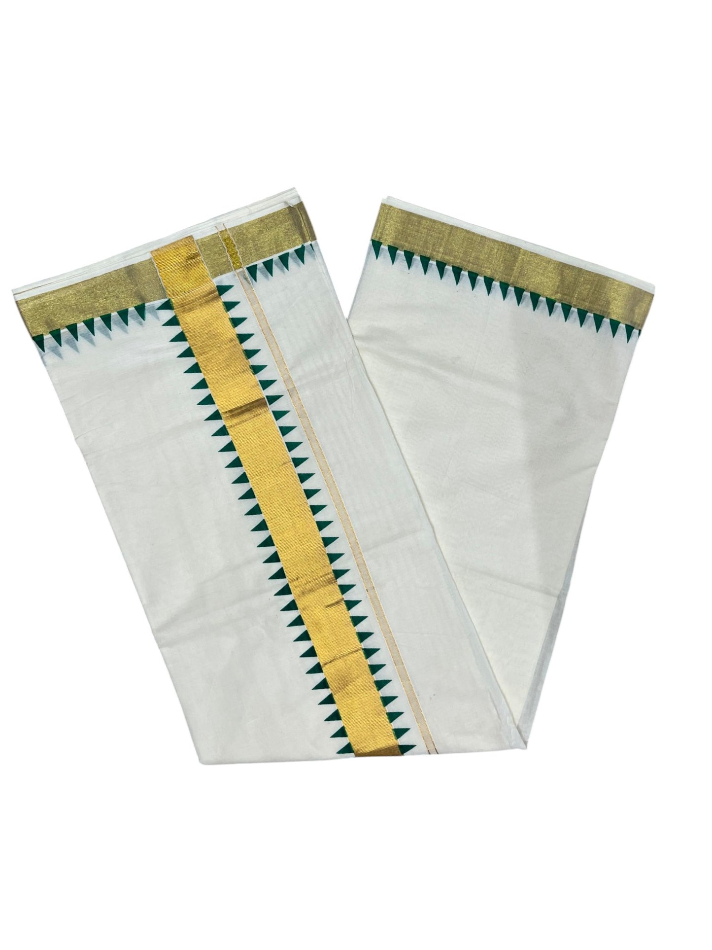 Southloom Cotton Kerala Kasavu Saree with Green Tample Design Border