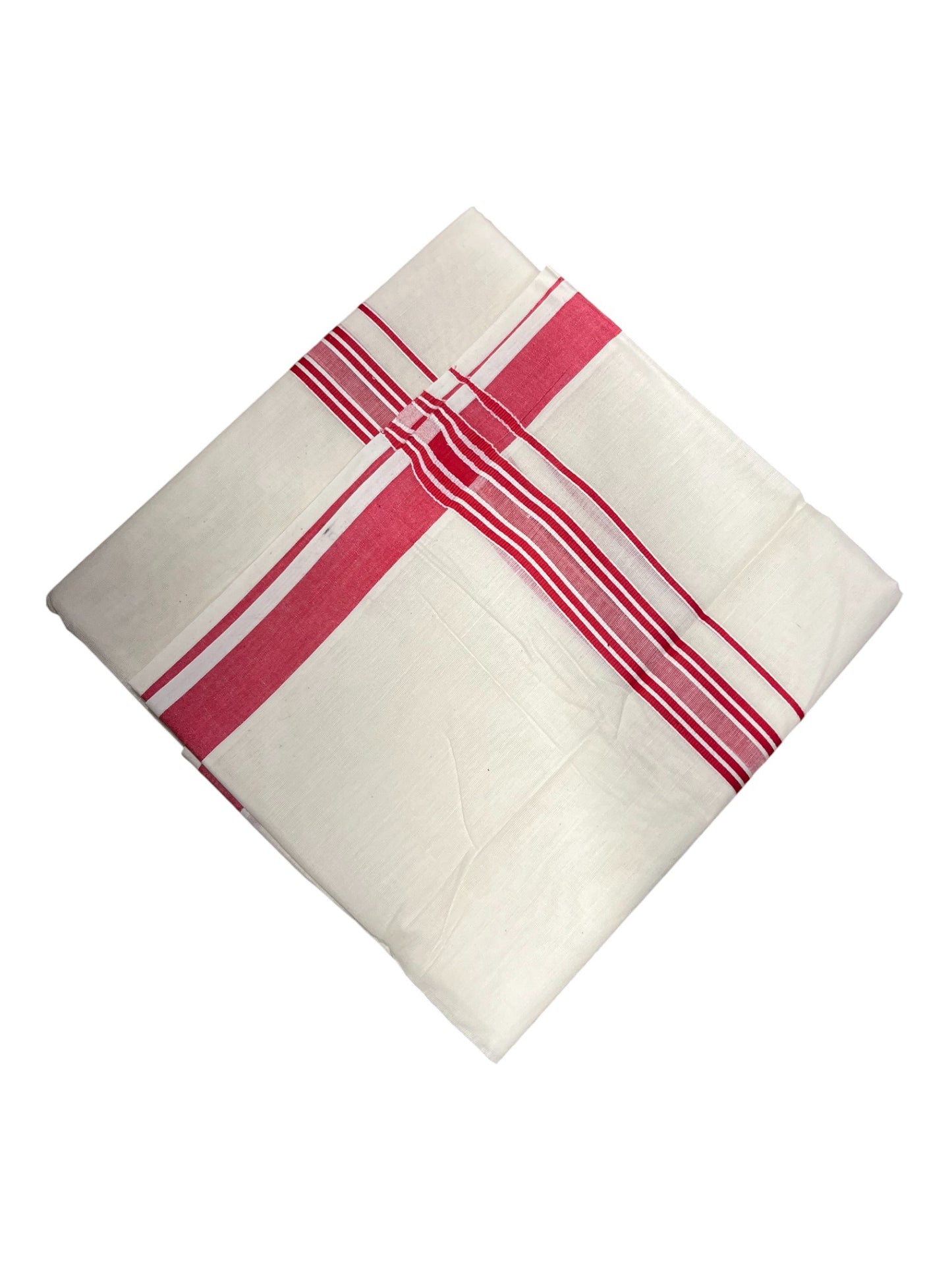 Southloom Pure Cotton  Double Mundu With White Lines & Red Border (South Indian Kerala Dhoti)