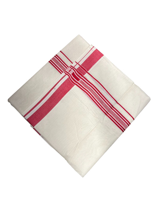 Southloom Pure Cotton Double Mundu With White Lines & Red Border (South Indian Kerala Dhoti)
