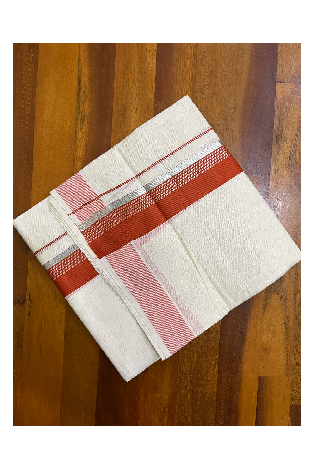 Off White Kerala Cotton Double Mundu with Silver Kasavu and Orange Border (South Indian Kerala Dhoti)