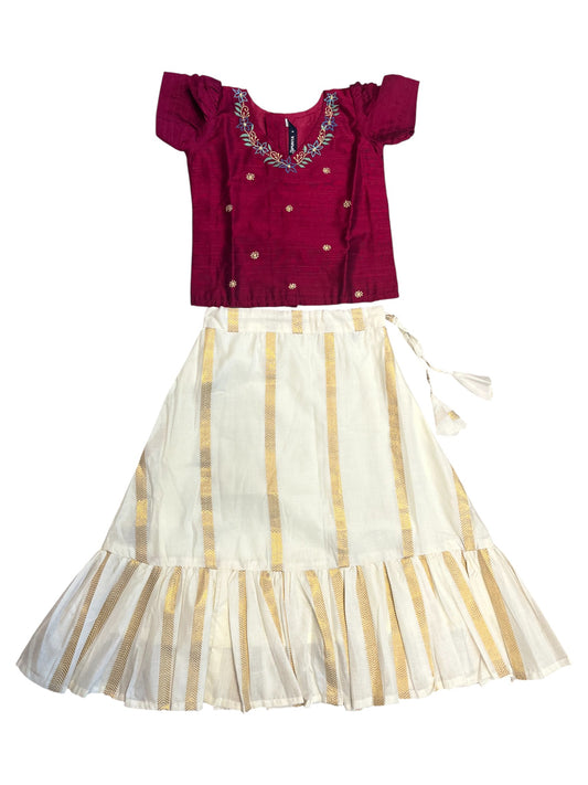 Southloom Kerala Magenta And Cottan Kasavu Pavada Blouse with Embrodary Work for Kids (Age 1)