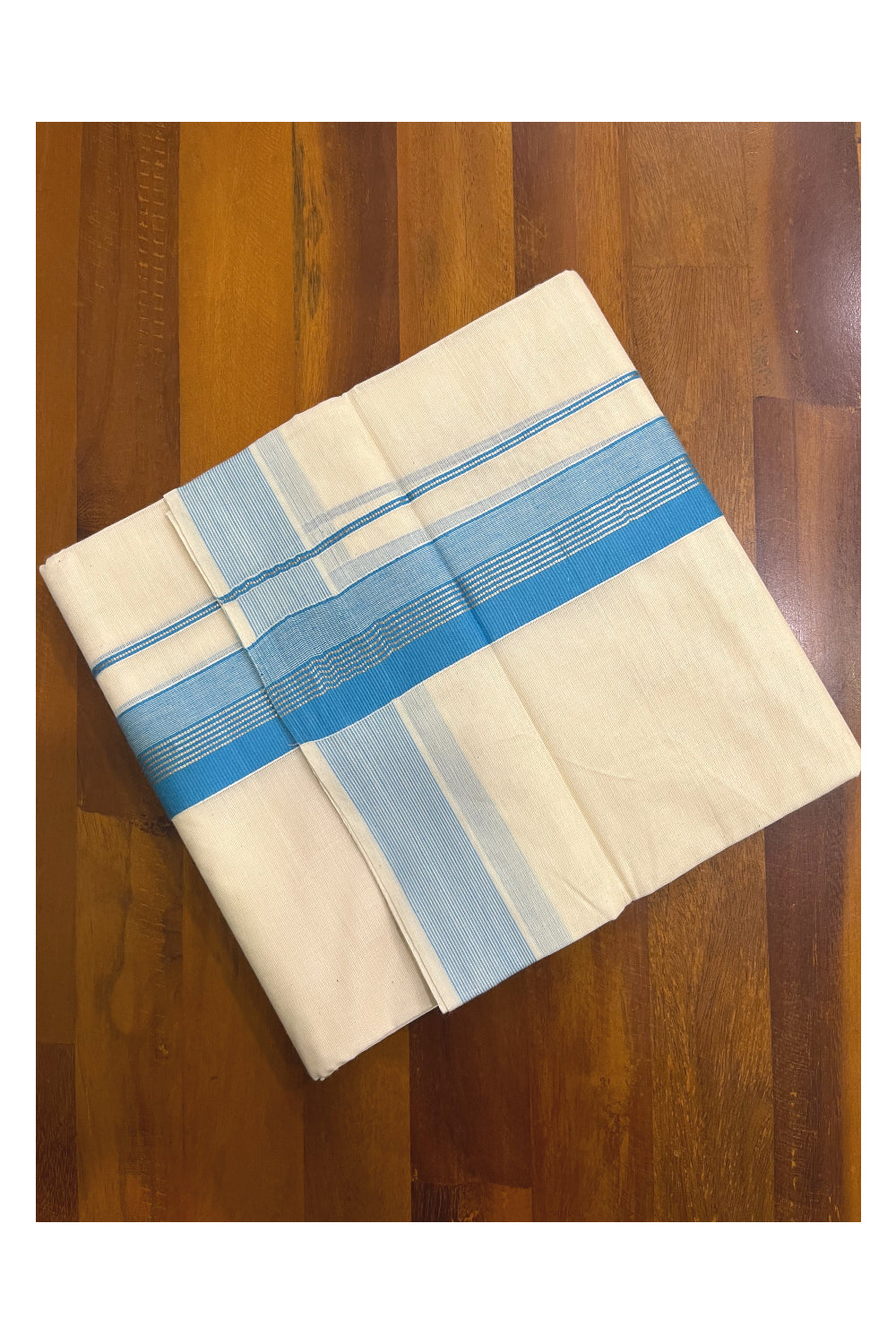 Kerala Pure Cotton Double Mundu with Blue and Silver Kasavu Border (South Indian Kerala Dhoti)