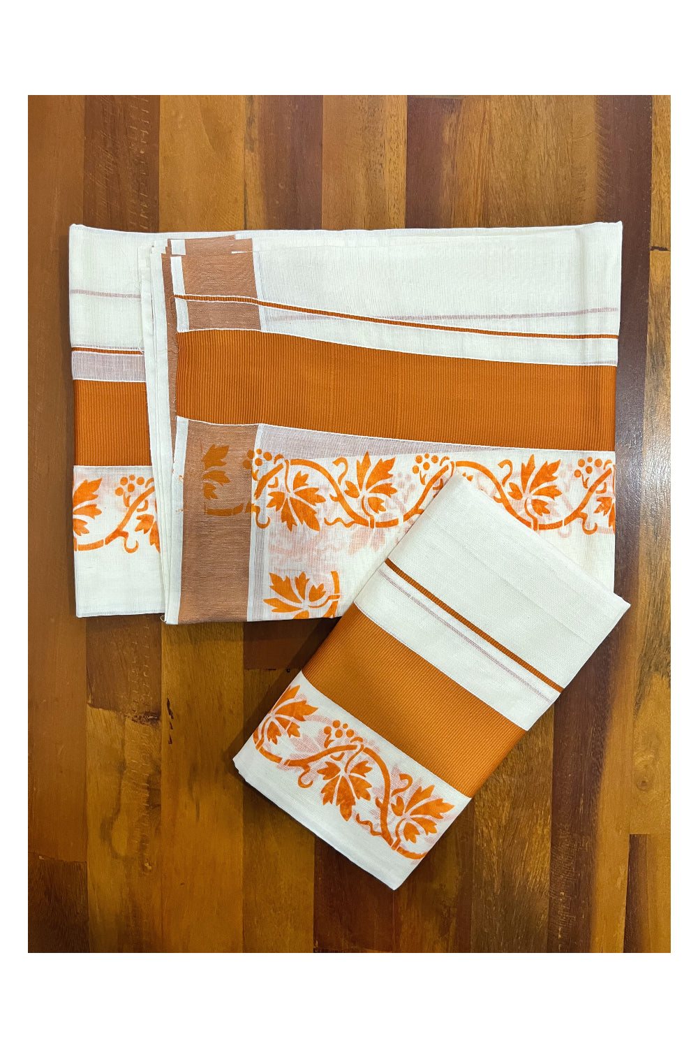 Kerala Pure Cotton Set Mundu Single (Mundum Neriyathum) with Orange Floral Block Prints