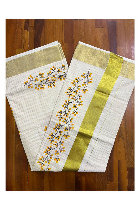 Pure Cotton Kerala Kasavu Saree with Kasavu Lines and Floral Block Prints Across Body